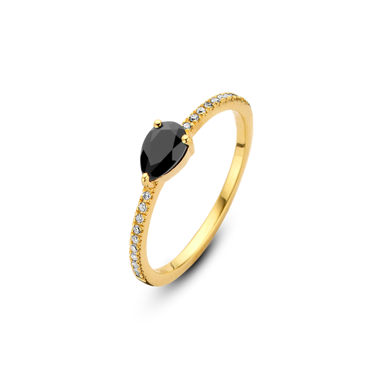 Bague Flame PVD doré, onyx et diamants